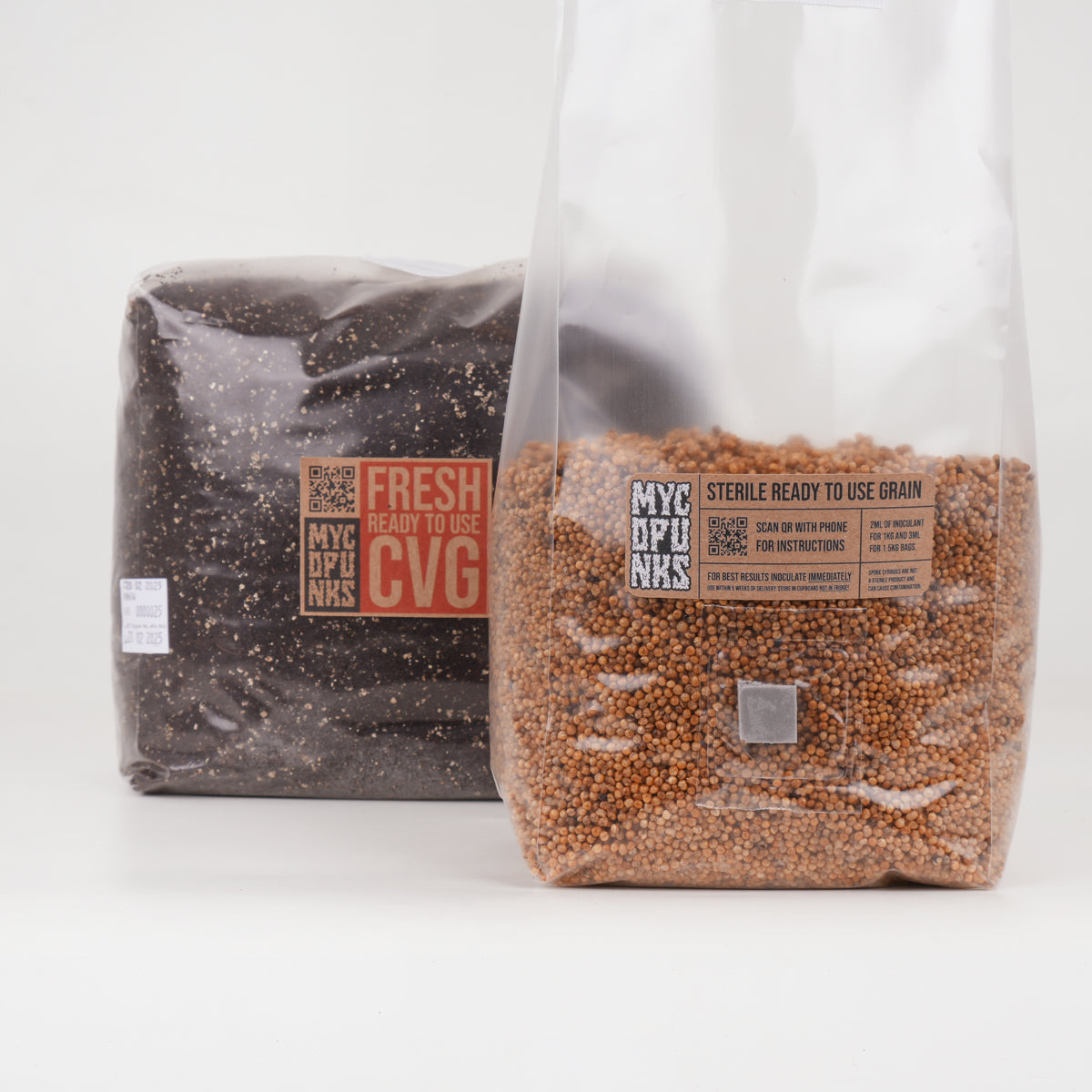 1.5kg Sterile Millet Grain in front of 3kg CVG bundle