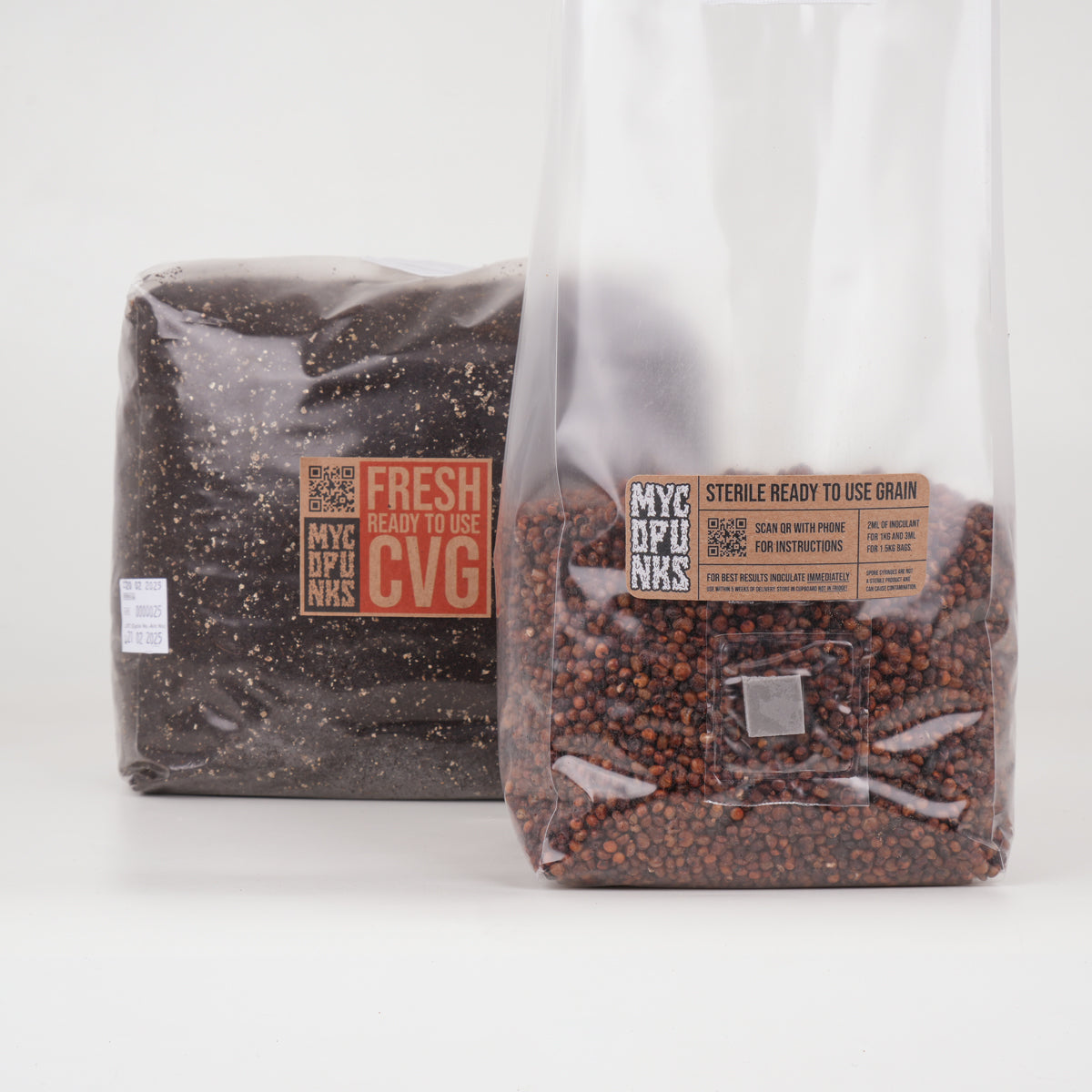 1.5kg Sterile Milo Grain in front of 3kg CVG bundle