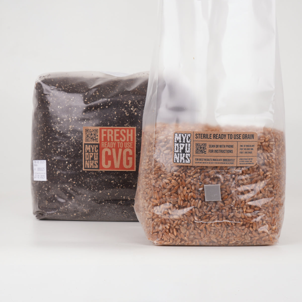 1.5kg Sterile Rye Grain in front of 3kg CVG bundle