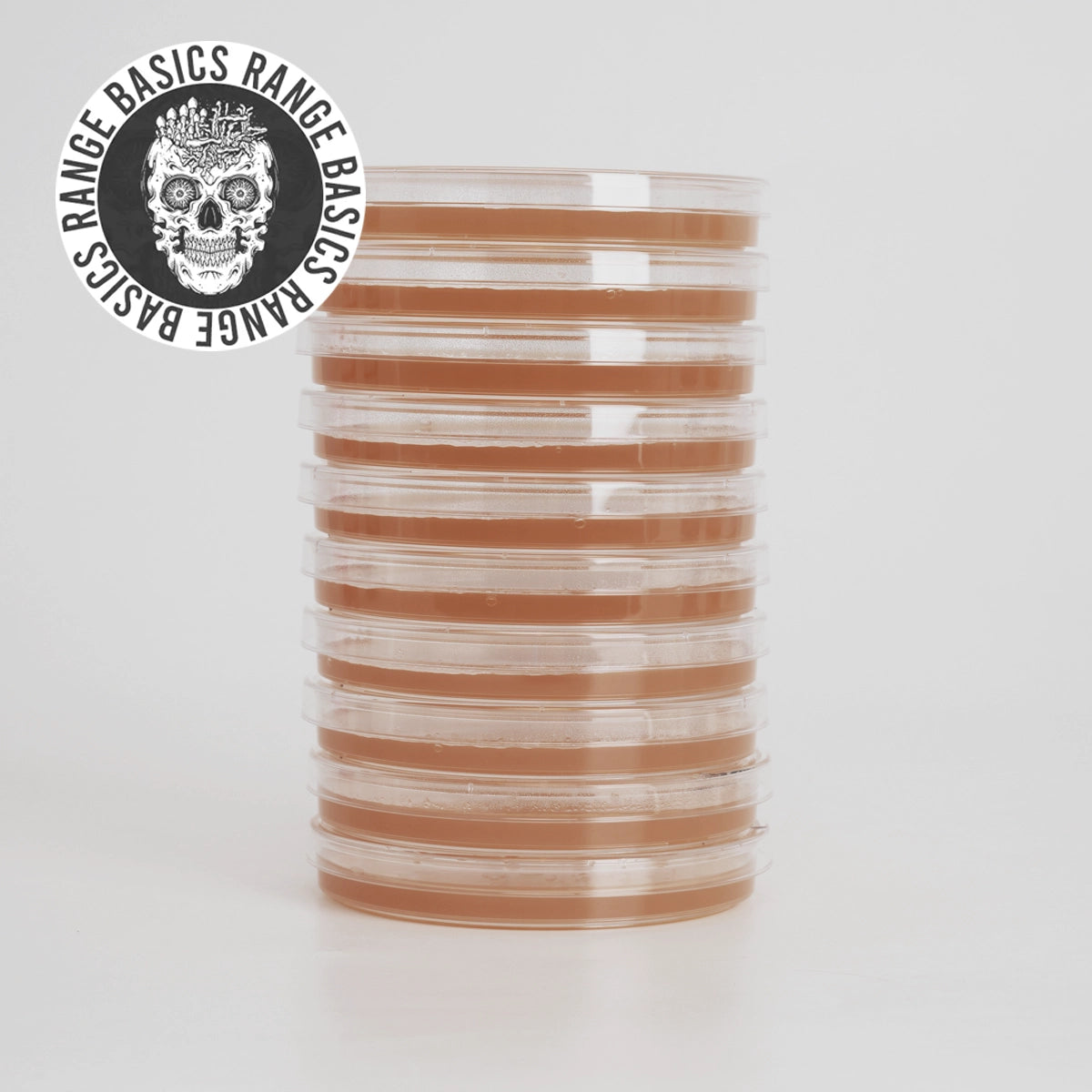 Stack of 10 MEA agar plates on a white background, with the MycoPunks Basics range logo on the photo