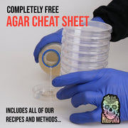 Glove hands pouring agar into petri dishes, text saying "completely free agar cheat sheet" "includes all of our recipes and methods", with the MycoPunks skull logo at bottom right