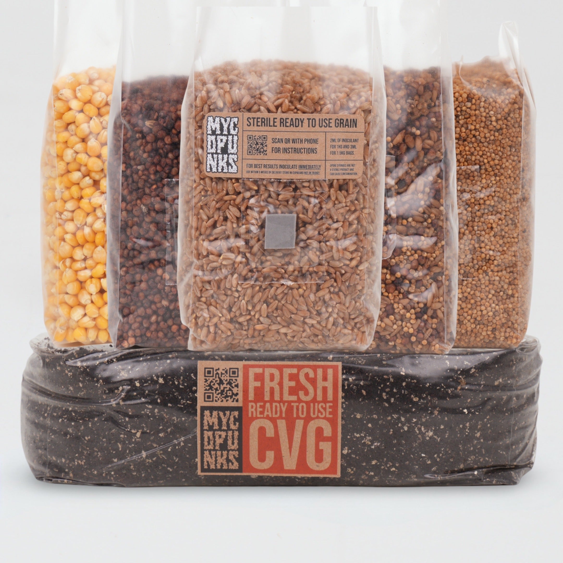 MycoPunks 1kg Sterile Grain bags sat on 2kg CVG, on white background